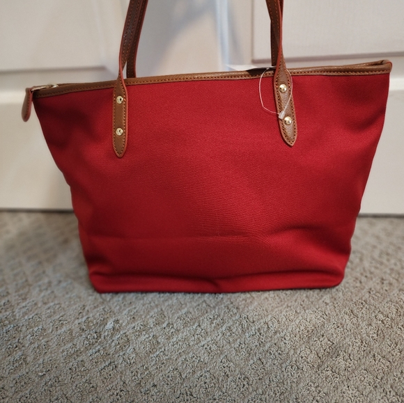 New large coach purse bag tote red brown leather canvas - Picture 2 of 6